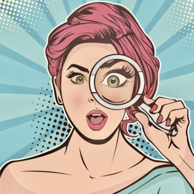 comic drawing woman with magnifying glass, british series to stream on menopausalbrunette.com